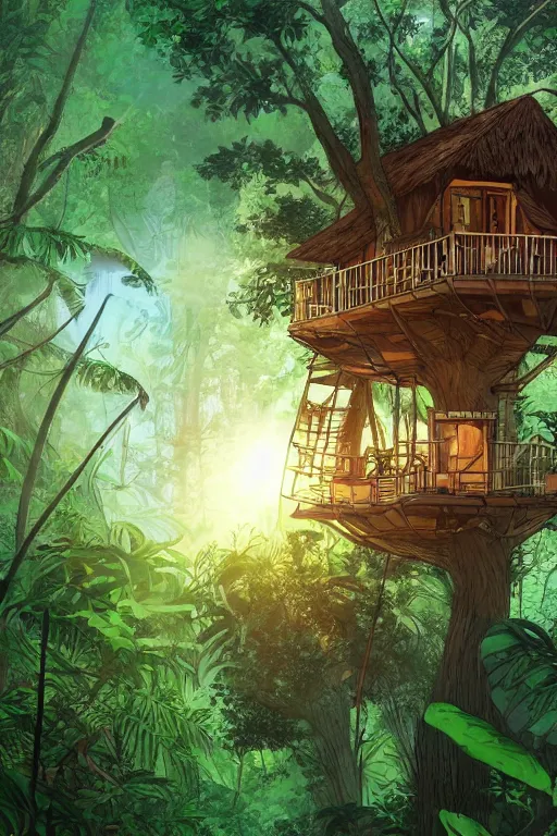 Image similar to a tree house in the jungle, sunshine, by alba ballesta gonzalez and moebius. 4 k wallpaper, digital flat 2 d, japan animation, comic book, illustration, cinematic lighting, smooth sharp focus.