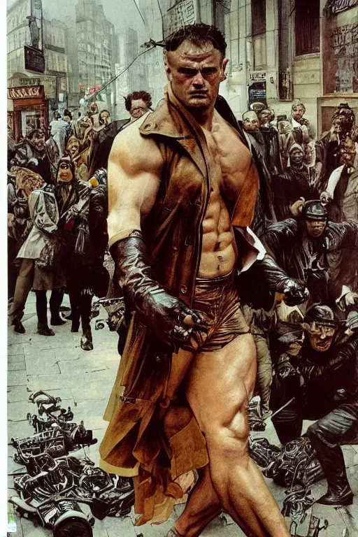 Image similar to full length portrait of mariusz pudzianowski as a huge hulking marvel gangster wearing a leather trench coat walking beside gangsters on street pre war new york, by lawrence alma tadema and zdzislaw beksinski and norman rockwell and jack kirby and tom lovell and greg staples and michael alford