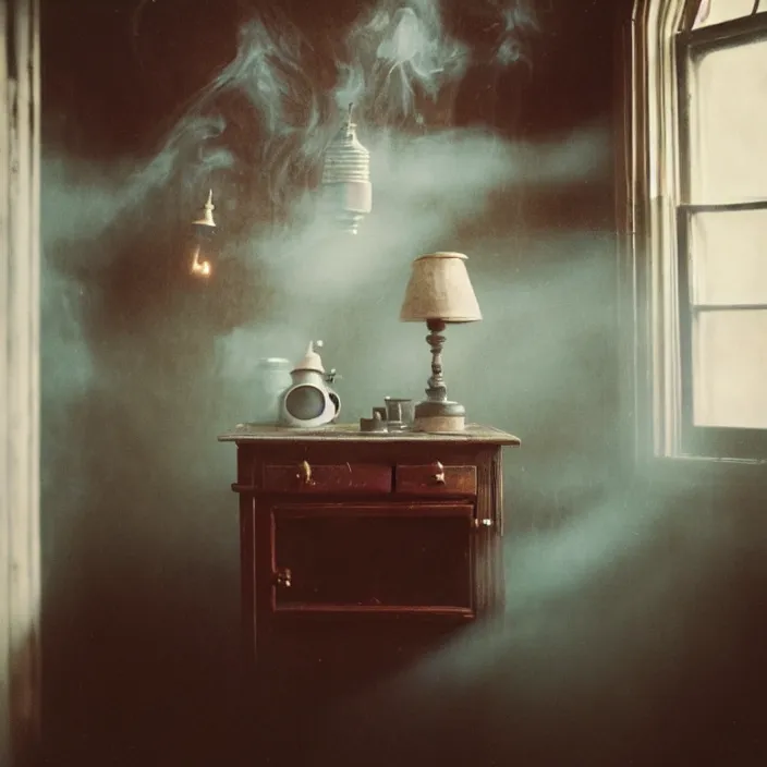 Prompt: kodak portra 4 0 0, wetplate, fisheye, award - winning portrait by britt marling, 1 8 8 0 s kitchen, ghost, picture frames, shining lamps, dust, smoke, 1 8 8 0 s furniture, wallpaper, carpet, books, muted colours, wood, fog, plants, flowers