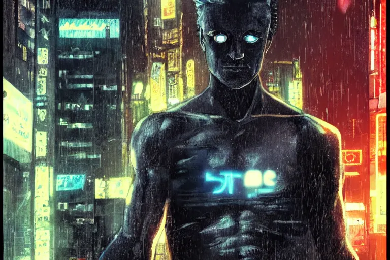 Image similar to roy batty with a bare torso sits in the lotus position with his head bowed in the rain on the roof of a building in the cyberpunk future, around neon signs, a little haze, night, realistic proportions, anime style ghost in armor