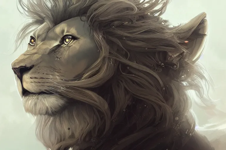 Prompt: lyran starseed, lion face, lion head, intricate, elegant, highly detailed, digital painting, artstation, concept art, smooth, sharp focus, illustration, art by Krenz Cushart and Artem Demura and alphonse mucha