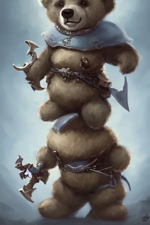 Image similar to cute little anthropomorphic bear knight wearing a cape and a crown, tiny, small, miniature bear, baby animal, short, pale blue armor, cute and adorable, pretty, beautiful, DnD character art portrait, matte fantasy painting, DeviantArt Artstation, by Jason Felix by Steve Argyle by Tyler Jacobson by Peter Mohrbacher, cinematic lighting