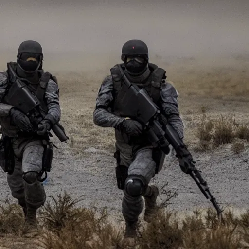 Image similar to Special Forces in grey uniform with black body armor under artillery fire in 2022, photo by Adam Ferguson, Pulitzer Winning, cinematic composition, breathtaking, modern, 2022