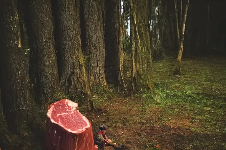 Image similar to terrible dark forest in the depths of which there is a large butcher chopping meat on a wooden stump from Dota 2 filmed hidden on a phone camera, Cinematic, wildlife photography, 35mm, photo on iphone