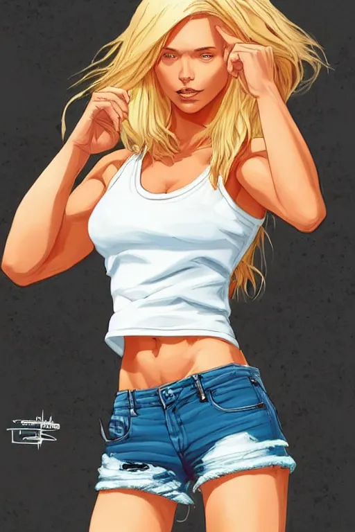 Image similar to a gorgeous hulking beast of a woman with very long hip-length blonde hair, wearing a cut-off white top and orange cut-off shorts standing by the water, in the style of artgerm and moebius and annie liebovitz, marvel comics, photorealistic, highly detailed, trending on artstation