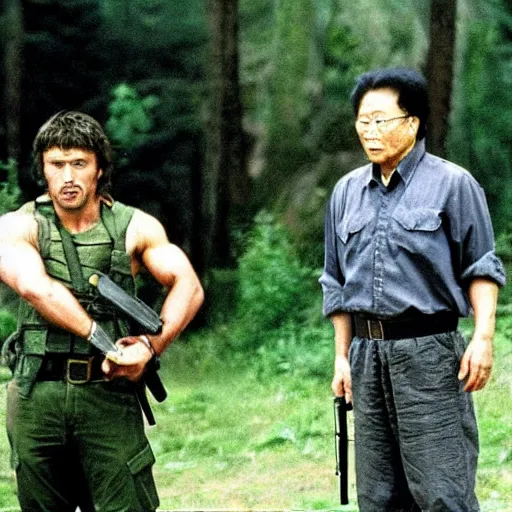 Image similar to a still of Rambo First blood with Kim Jong-il on the role of John Rambo