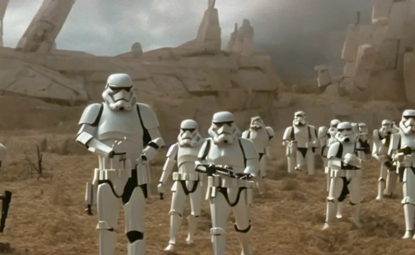 Image similar to screenshot from a scene of stormtrooper graveyard the lost jedi missing star wars film, 1980s film by Stanley Kubrick, moody lighting, stunning cinematography, hyper-detailed, sharp, anamorphic lenses, kodak color film, 4k