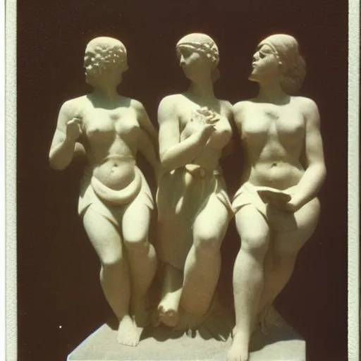 Image similar to Polaroid photo of fragmented greek sculpture of three idealized female inside a temple