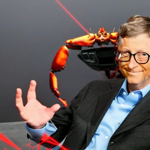 Image similar to bill gates riding a robotic crab shooting lasers from his eyes