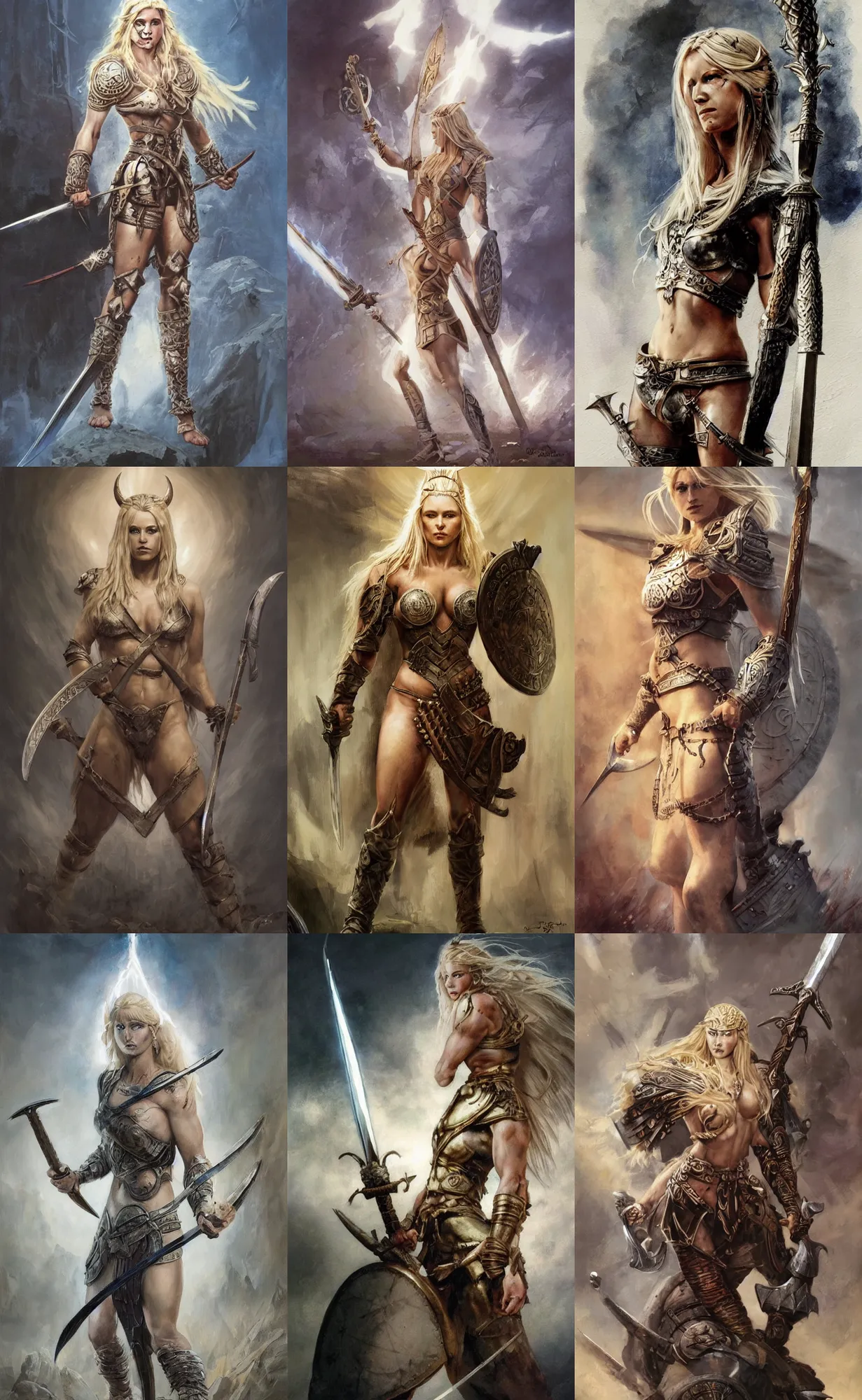 Prompt: A mixed media painting of the beautiful blonde viking goddess of war with a sword of lightning, very aesthetic, detailed face, by Frank Frazetta, Greg Rutkowski, Boris Vallejo, Beeple, Christian MacNevin, epic fantasy character art, goddess of anger, viking runes, high fantasy, CGsociety, full length, exquisite detail, post-processing, low angle, masterpiece, cinematic, odin's stone arena background