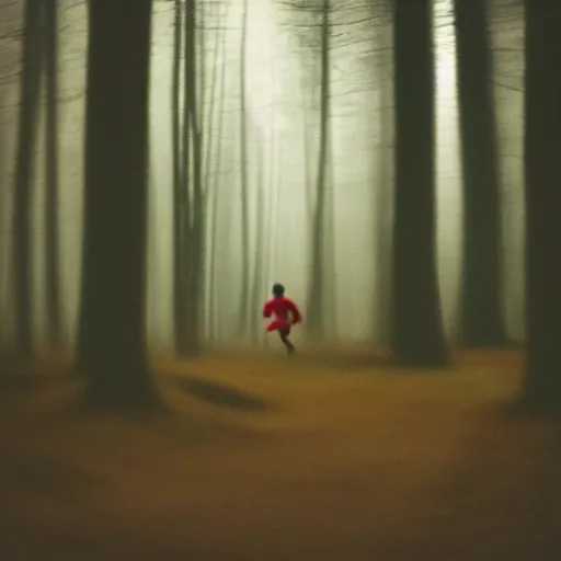 Prompt: iphone photo of someone running through the woods at night, motion blur