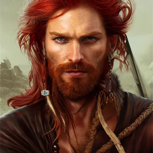 Prompt: portrait of a young pirate, 30 years old, male, ruggedly handsome, masculine, upper body, red hair, long hair, D&D, fantasy, intricate, elegant, highly detailed, cinematic lighting, digital painting, artstation, concept art, seductive, cutscene, sharp focus, illustration, art by Artgerm and Greg Rutkowski and Alphonse Mucha