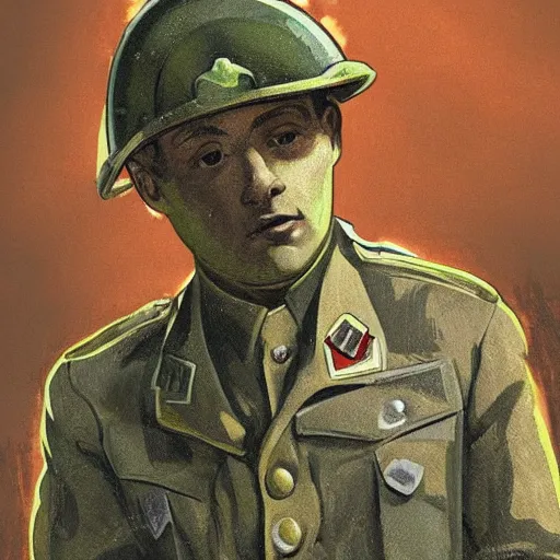 Prompt: scared shell-shocked soldier in ww2 uniform, war and explosions in the background, ptsd, world war, hell on earth, mud, no mans land, artwork by Émile Bernard + Frederick Lord Leighton + Gina Heyer + Jane Graverol, artstation, award winning