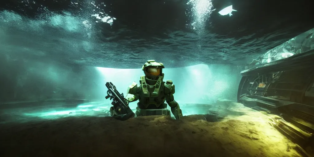 Image similar to halo master cheif, under water, deep sea, dark, cinematic, small glow, wide angle,