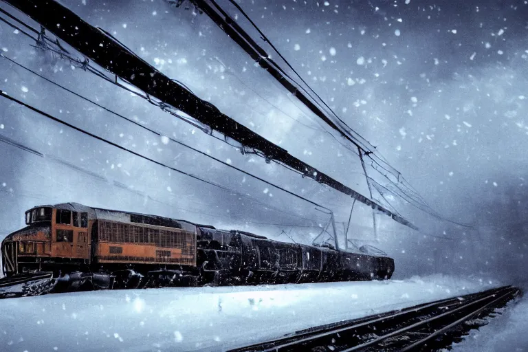 Prompt: an old locomotive is rushing through the snow storm in high speed, white steam on the side, and dark smoke with fire from the pipes, dynamic angled shot, speed lines, fire particles and snowflakes everywhere, 8k, hyperrealistic, ultra sharp, octane render, unreal engine, light breaks through the roofs, artstation, very detailed, 16k, cinematic scenery,