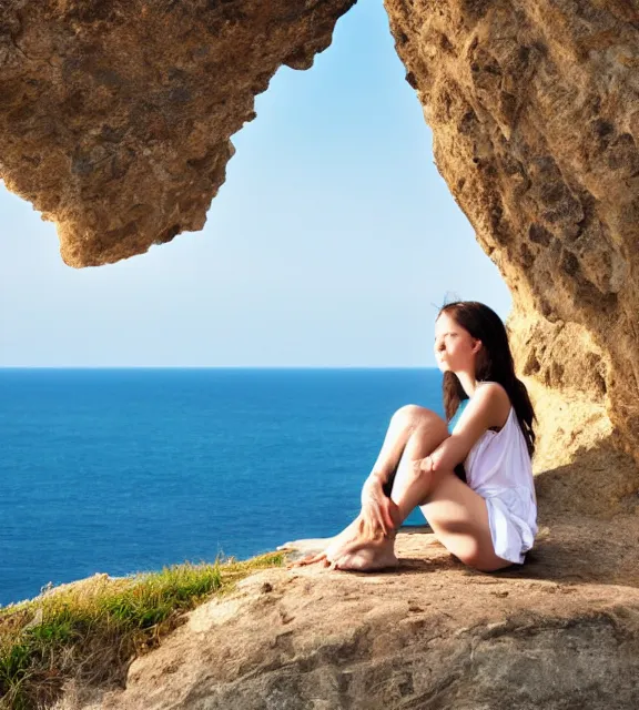 Image similar to a girl sitting on a cliff overlooking the beach, realistic photo, 4 k
