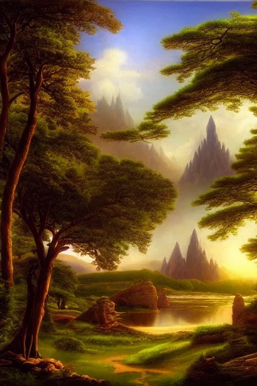Image similar to fantasy landscape with elven temple in a forest, calm serene atmosphere, in the style of hudson river school