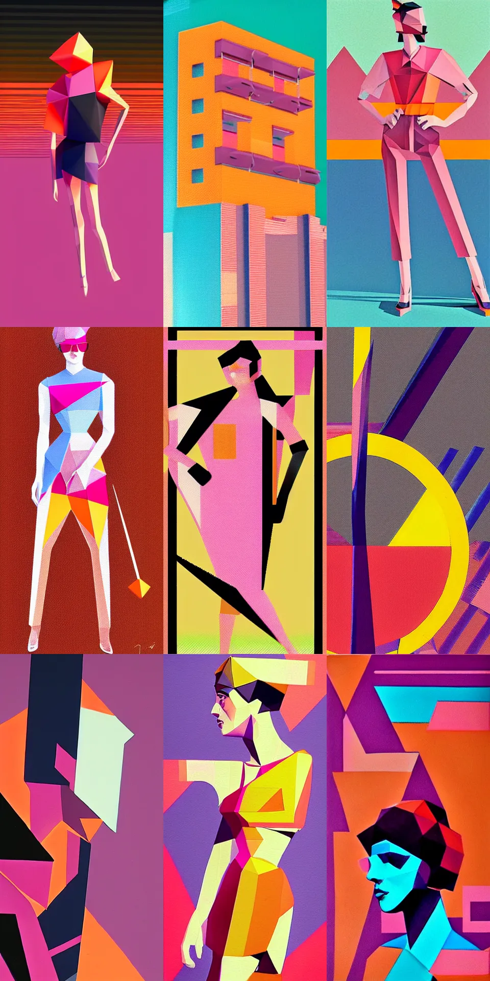 Prompt: bauhaus painting of retro low - poly synthwave fashion peach - colored