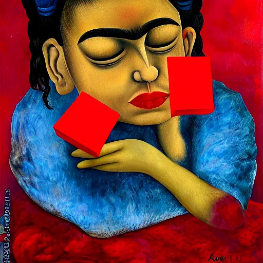 Image similar to Angel crying on top of a red cube made out of water, tears falling from eyes, oil painting by Frida Kahlo