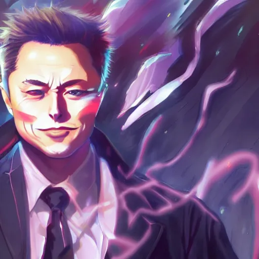 Image similar to anime portrait of evil elon musk on drugs as an anime antagonist by Stanley Artgerm Lau, WLOP, Rossdraws, James Jean, Andrei Riabovitchev, Marc Simonetti, and Sakimichan, trending on artstation