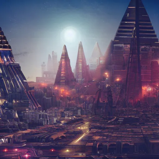 Prompt: a scene of a beautiful intricate epic futuristic pharaoh city with cyber pyramids and neo sphynx with steampunk vehicles taken from a distance, minimalist, cinematic lighting