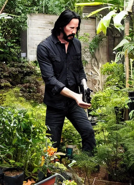 Image similar to keanu reeves as johnny silverhand working in a garden, wake up samurai, solarpunk, lots of plants, gardening, permaculture, cyberpunk 2 0 7 7, anarchy, realistic, ultra detailed