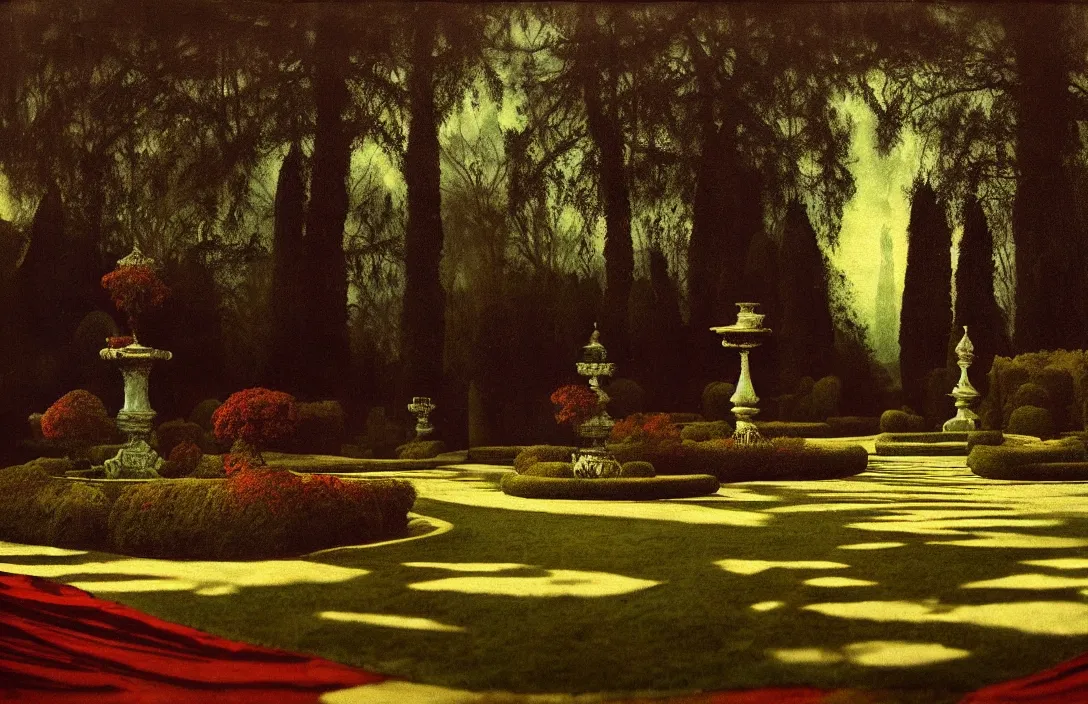 Image similar to virtuoso painting royal garden design by andre le notre intact flawless ambrotype from 4 k criterion collection remastered cinematography gory horror film, ominous lighting, evil theme wow photo realistic postprocessing divisionism painting by claude gellee