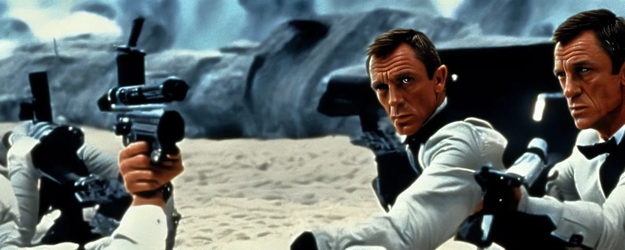 Image similar to a film still of James Bond in Star Wars 1977 high quality .