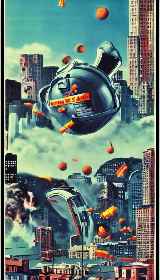 Prompt: giant washing machine attacking city, flying socks, 1 9 6 0 s science fiction poster, atompunk, behance, trending on artstation