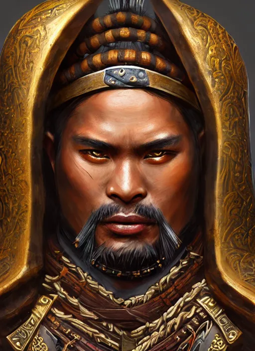 Image similar to tai warlord, closeup portrait, historical, ethnic group, traditional costume, bronze thai 👑, leather shoulder armor, fantasy, intricate, with dong son bronze artifacts, beads cross onbare chest, elegant, loin cloth, highly detailed, oill painting, artstation, concept art, matte, sharp focus, illustration, hearthstone, art by earl norem