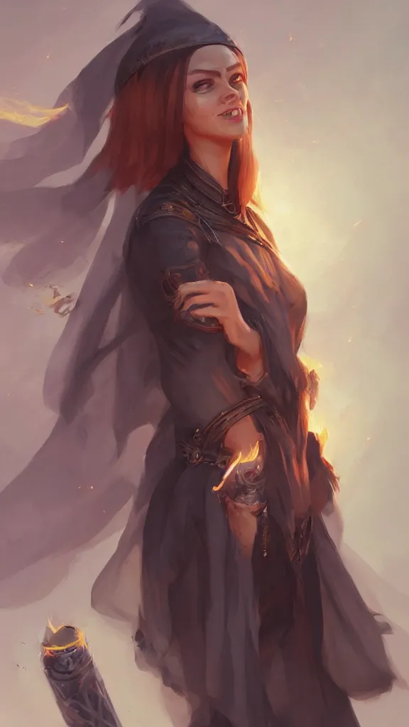 Image similar to An ultradetailed portrait of a smiling female goddess wizard of fire wearing long black duster by Tian Zi, Mandy Jurgens and Viktoria Gavrilenko trending on artstation :1.7