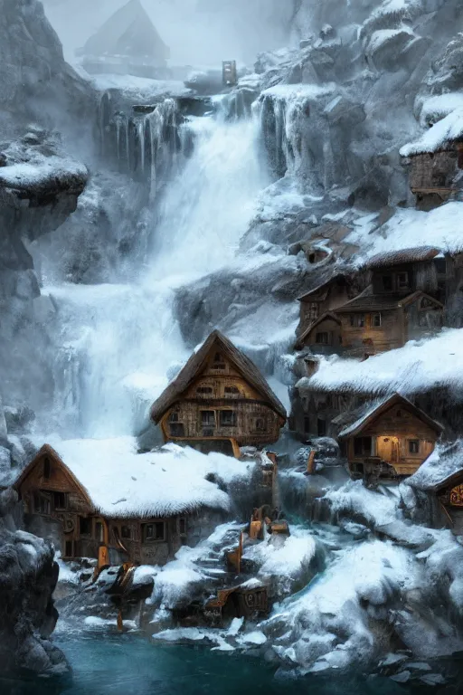 Image similar to mountain village with wooden viking houses on top of a waterfall in the snow, blizzard, a small stream runs beneath the waterfall, landscape, raphael lacoste, eddie mendoza, alex ross, concept art, matte painting, highly detailed, rule of thirds, dynamic lighting, cinematic, detailed, denoised, centerd