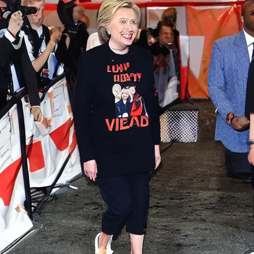 Image similar to hillary clinton wearing vlone and yeezys