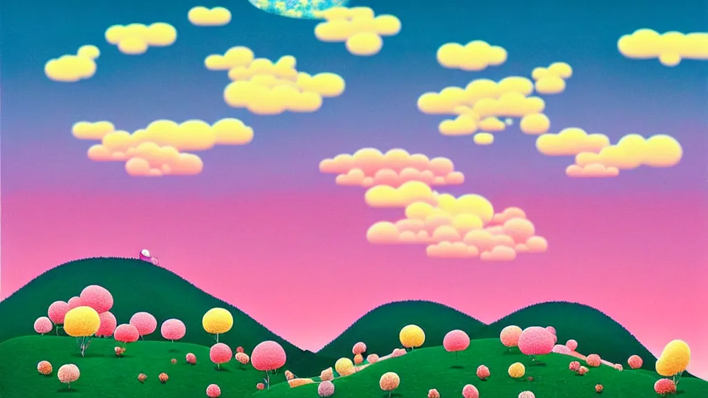 Prompt: a beautiful hilly landscape. little trees. evening sky. pink puffy cotton candy clouds. evening light. chiho Aoshima.