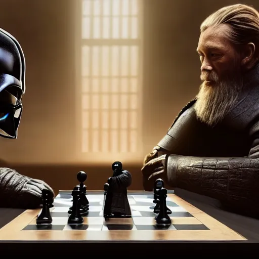 Image similar to Darth Vader and Obi-Wan playing a game of chess. Realistic setting, cinematic, 4k,hdr