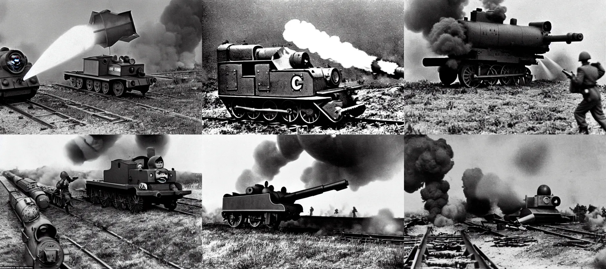 Image similar to WW2 era photograph, the face of Thomas the tank engine attached to a 800mm German super-heavy-mortar with a huge gun barrel firing a shot upwards, there are german soldiers running around, grainy, high detail