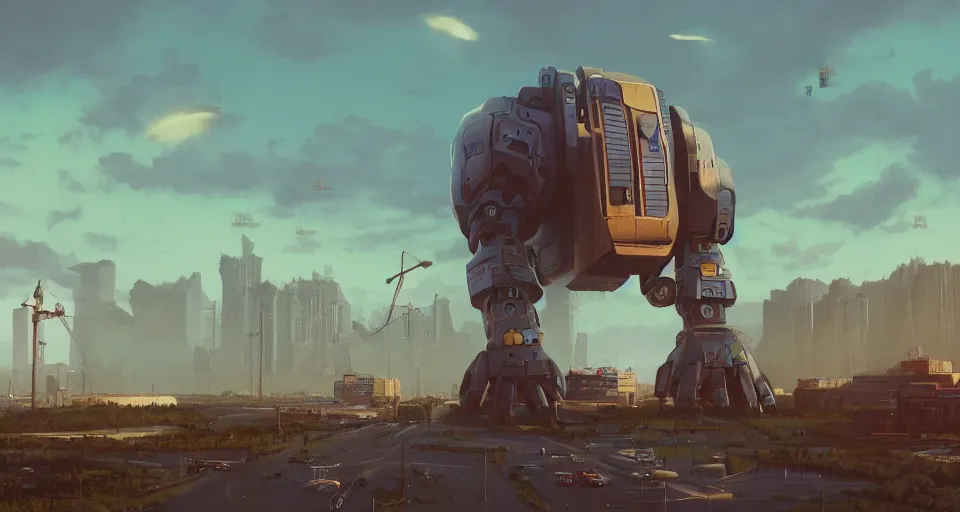 Image similar to GIANT ROBOT GORILLA megastructure looming in the distance, landscape, cinematic, rendered by simon stålenhag, rendered by Beeple, Makoto Shinkai, syd meade, environment concept, digital art, unreal engine, 3 point perspective, WLOP, trending on artstation, low level, 4K UHD image, octane render,