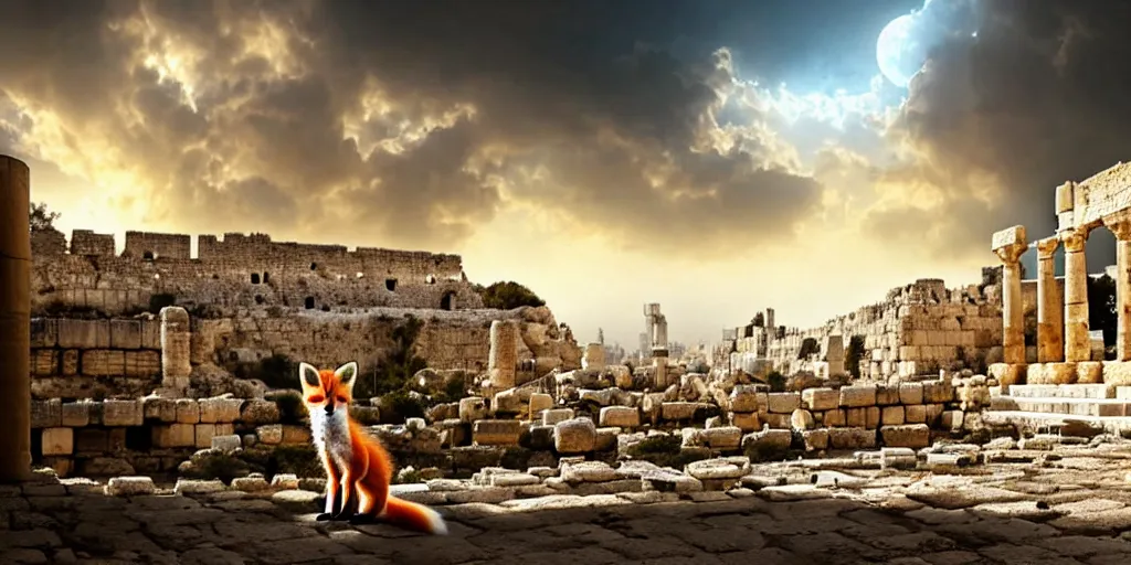 Image similar to a adorable small fox in the huge ruins of the second temple in jerusalem in the distance. the third temple hovers quietly hiding in the dreamy clouds above. a hooded bearded old man in a brown tunic laughing, colorful 8 k, art station, intricate superb details, digital art, illusion painting hidden temple.