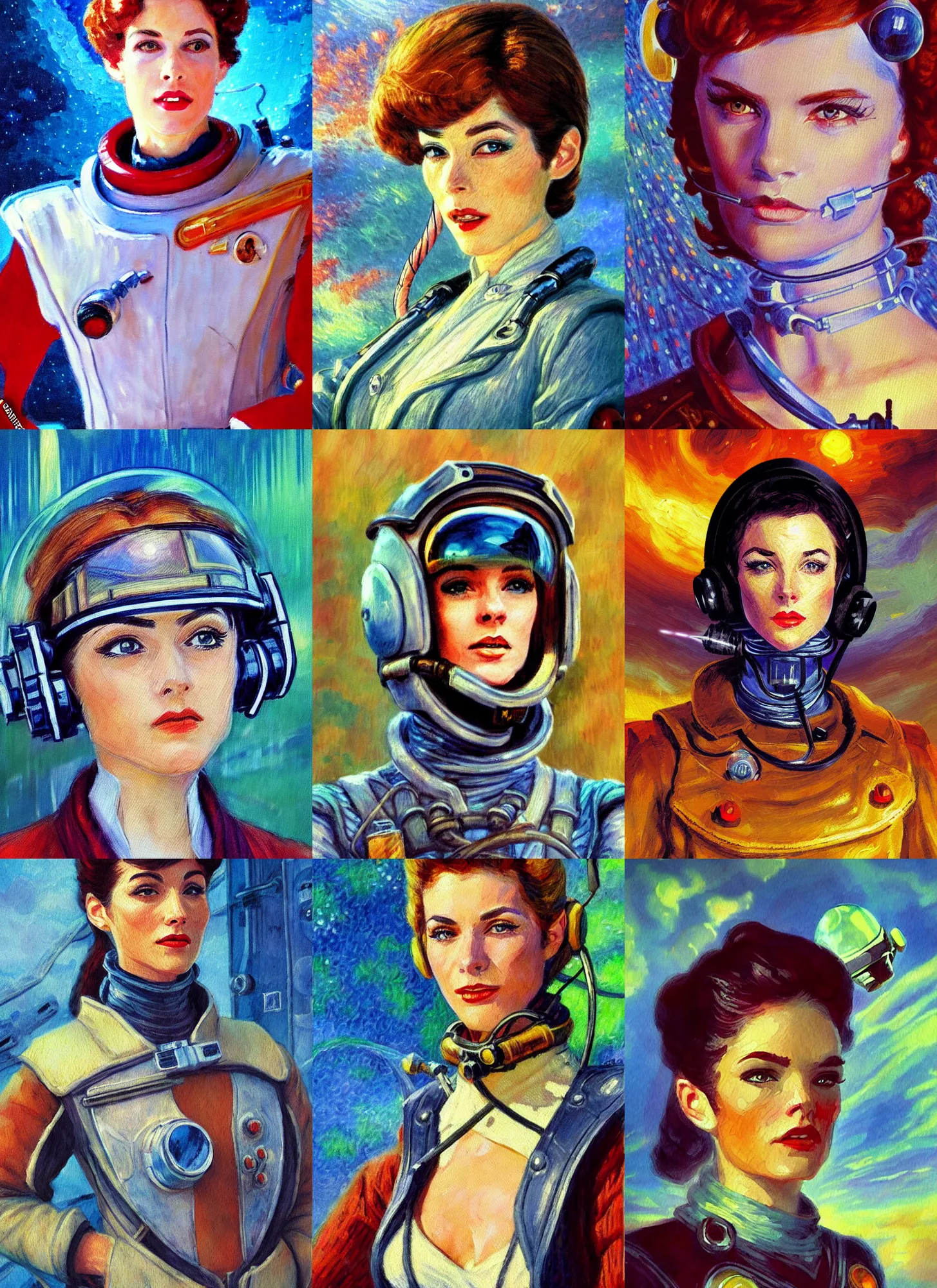 Image similar to impressionism painting of a d & d style retro sci - fi pilot beautiful face and wearing full detailed clothing