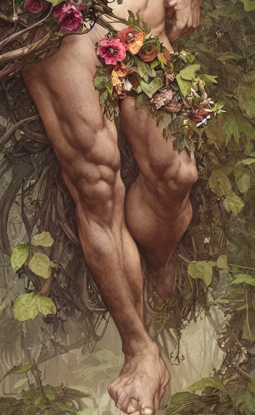 Image similar to god of the forest, 3 0 years old, rugged, male, gorgeous, detailed face, amazing, thighs!!!!!!, flowers, muscular, intricate, highly detailed, digital painting, artstation, concept art, sharp focus, illustration, art by greg rutkowski and alphonse mucha