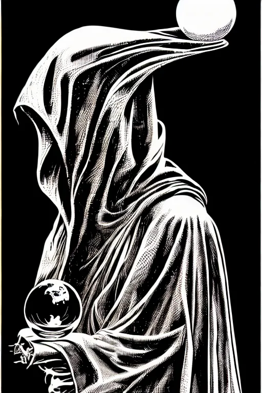 Prompt: side view of a sitting cloaked steampunk wizard holding crystal ball, high details, intricately detailed, by vincent di fate, inking, 3 color screen print, masterpiece, trending on artstation,, sharp, details, hyper - detailed, hd, 4 k, 8 k