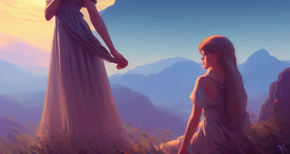 Prompt: angel, a single flower with a few petals behind a beautiful mountain landscape, night setting. realistic shaded lighting poster by ilya kuvshinov katsuhiro, magali villeneuve, artgerm, jeremy lipkin and michael garmash, rob rey and kentaro miura style, trending on art station