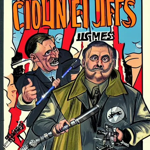 Image similar to comic book of angry jews with lightsabers and adolf hitler accurate eyes high detail