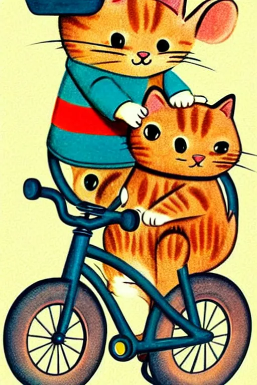 Image similar to by richard scarry!!!!!!!!!!!!!!!!!!!!!!!!!!! a cat riding a bike. a 1 9 5 0 s retro illustration. muted colors, detailed