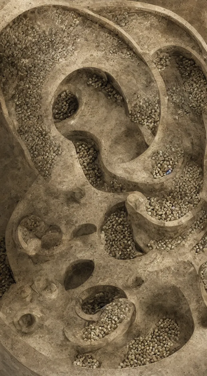 Prompt: a stream of water entering into a machine made from biomorphic amphoras in the shape of seeds and producing a large coin, in the style of a carlo scarpa fountain, architectural photograph, isometric, infrastructure, kidneys, seeds, dynamic lighting, clay texture, 8 k