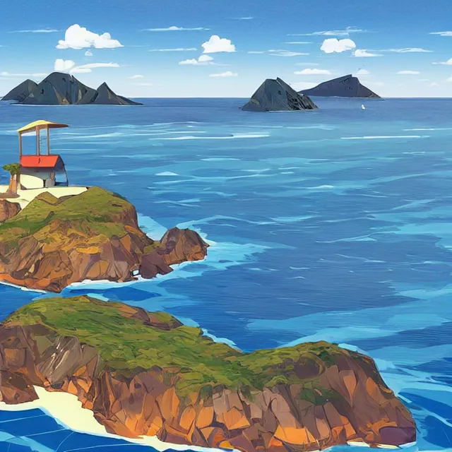 Image similar to a remote island research station in the middle of the ocean, rhads!!!, magical realism, archipelago!, urban fantasy, saturday morning cartoon, clean linework, ( alexander archipenko ), western animation