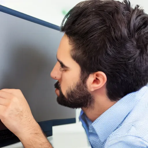 Prompt: person kissing his computer goodnight