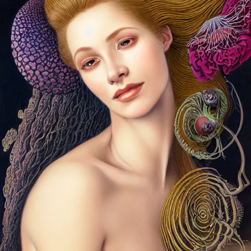 Prompt: facial portrait of a young gorgeous woman in flowing sensual dress, arrogant, long fine flowing hair, delicate, looking at camera, slightly awkward smile, realistic face, hands behind back, stylish, elegant, grimdark fantasy, flowers, extremely detailed painting inspired by Gerald Brom and Ernst Haeckel and Kaluta, studio lighting