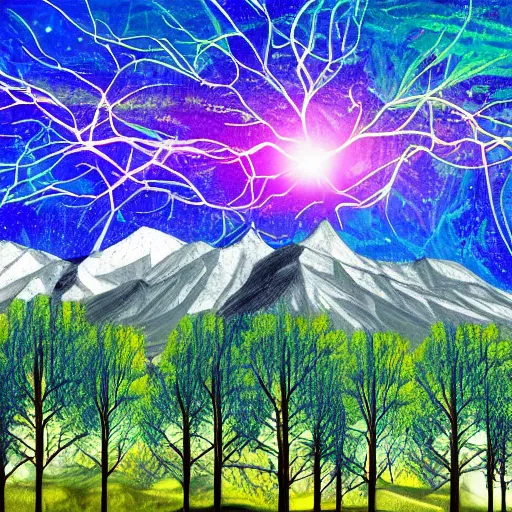 Image similar to mind exploration, vivid abstract landscape, mountains in background, trees that looks like neurons, main path is visible and energetic, large scale dimentional photo