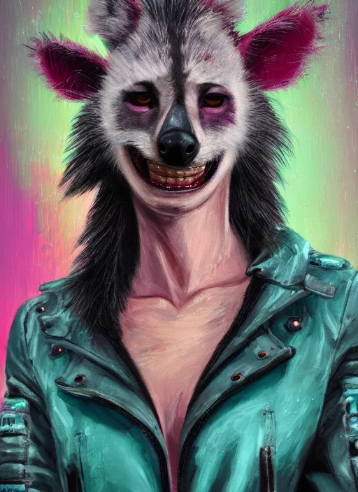 Image similar to oil painting of anthromorphic hyena female drawn in style of x _ ragdoll, fursona, furry fandom, neon rainy cyberpunk setting, anthro, wearing cyberpunk 2 0 7 7 jacket, detailed face,